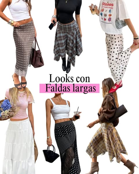 This ad showcases various long skirt styles, presenting six different outfits each featuring a long skirt. The image is 