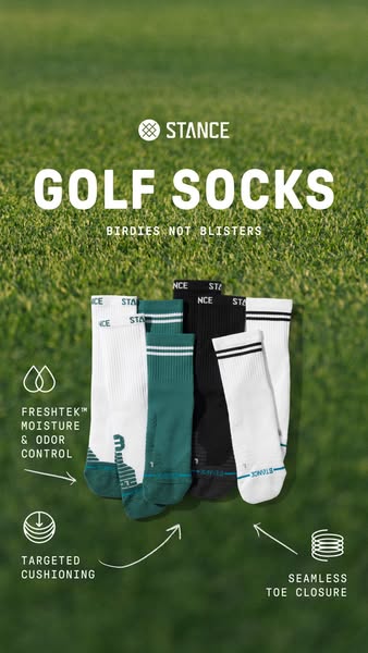 This image ad from Stance promotes its golf socks. The ad highlights several features of the socks, including odor contr