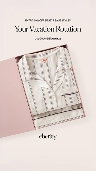 This is an image ad showcasing Eberjey pajamas in a pink box. The ad is promoting a sale for 20% off select sale styles.
