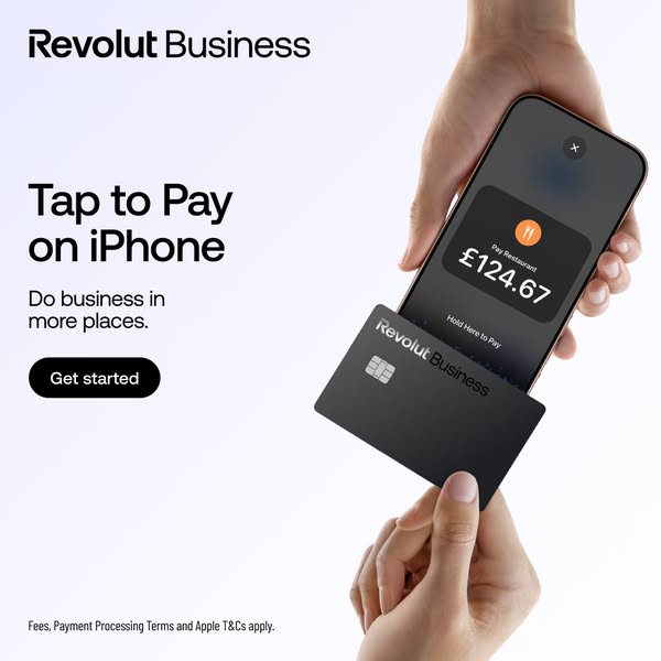 This image ad promotes Revolut Business, highlighting its 'Tap to Pay on iPhone' feature to enable business tran