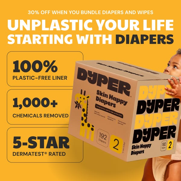 An image promoting Dyper diapers, which highlights their sustainability and health benefits. The ad features an image of