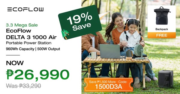 This ad promotes the EcoFlow DELTA 3 1000 Air Portable Power Station, highlighting a discount and free backpack offer. T