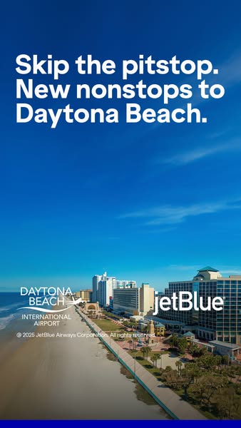 This image ad for JetBlue promotes new nonstop flights to Daytona Beach. The ad features a scenic view of Daytona Beach