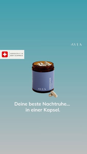 This image ad showcases Avea Sereniser capsules, a product designed to promote better sleep, presented in a minimalist a