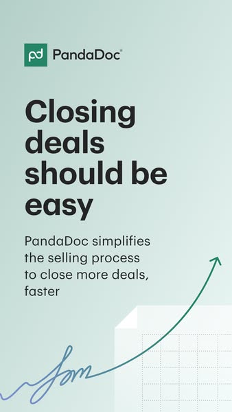 The ad features PandaDoc and highlights the ease of closing deals with their platform. It uses a graph showing an upward