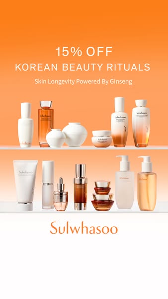 This ad for Sulwhasoo promotes Korean beauty rituals with a 15% discount. It features an array of skincare products agai