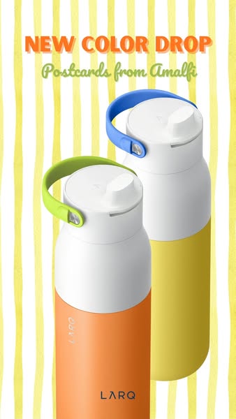 This image ad features a new color drop from LARQ's 'Postcards from Amalfi' collection, showcasing two of th