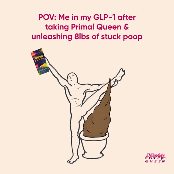 An illustration depicts a person doing a split over a toilet and holding the Primal Queen product, suggesting the produc