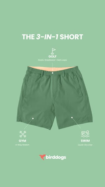 This image promotes Birddogs 3-in-1 shorts. The ad uses callouts to explain the features that make the product suitable 