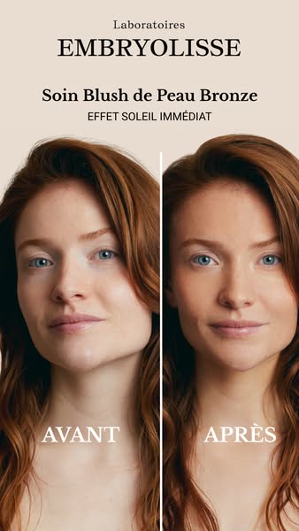 This image ad features a split-screen before-and-after view of a woman's face, showcasing the transformative effect 