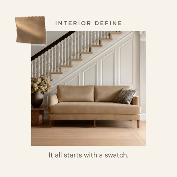 This ad features a brand that focuses on interior design, highlighting a customizable sofa with a fabric swatch and a ta