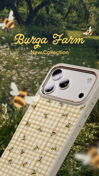 The ad showcases a Burga Farm phone case against a blurred background of a meadow with flowers and bees. The ad uses the