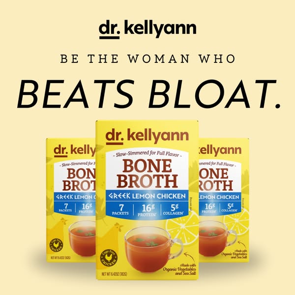 This ad promotes Dr. Kellyann's Bone Broth, specifically the Greek Lemon Chicken flavor. The ad highlights the produ