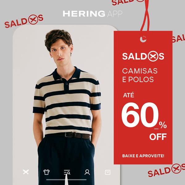 This is a Meta image ad from Hering App, promoting a sale on men's polo and button-down shirts with up to 60% off. A