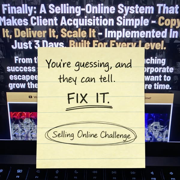 The image is an advertisement for a selling online challenge. The ad uses a sticky note with a handwritten message overl
