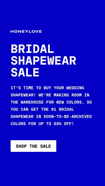 This image ad for Honeylove announces a sale on bridal shapewear, encouraging customers to take advantage of up to 65% o