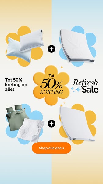 The ad showcases bed pillows, duvets, and mattress protectors with a discount offer as part of a sale.