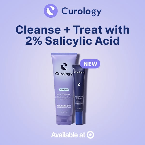 This image ad promotes Curology's Acne Cleanser and Acne Clearing Gel Serum with 2% Salicylic Acid, available at Tar