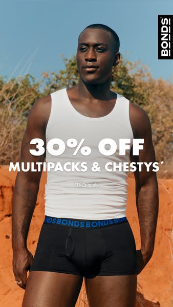 This image ad features a black man in a white tank top and Bonds underwear with an offer of 30% off multipacks and chest
