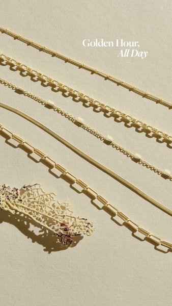 Image ad showcasing different gold necklace styles on a beige background.