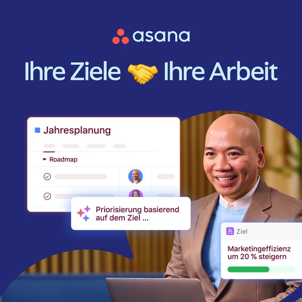 This ad for Asana features a man demonstrating the platform's features for the user. He sits in front of a laptop, s
