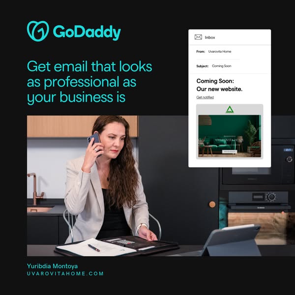 This image ad promotes GoDaddy's email services, emphasizing the importance of a professional-looking email for busi