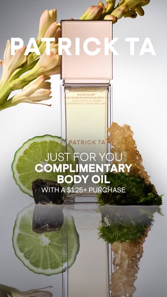 This ad promotes Patrick Ta's body oil as a complimentary gift with a $125+ purchase.