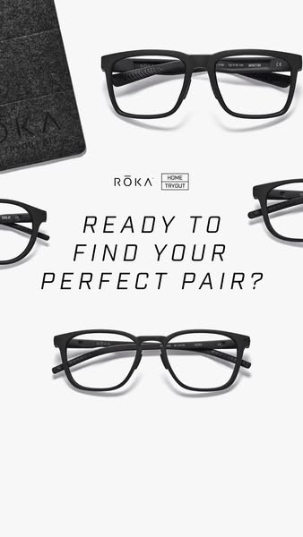 This ad for ROKA eyewear features multiple pairs of matte black glasses arranged around a central question, promoting th