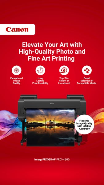 This ad promotes the Canon imagePROGRAF PRO-4600 printer. It features key benefits such as exceptional image quality, lo