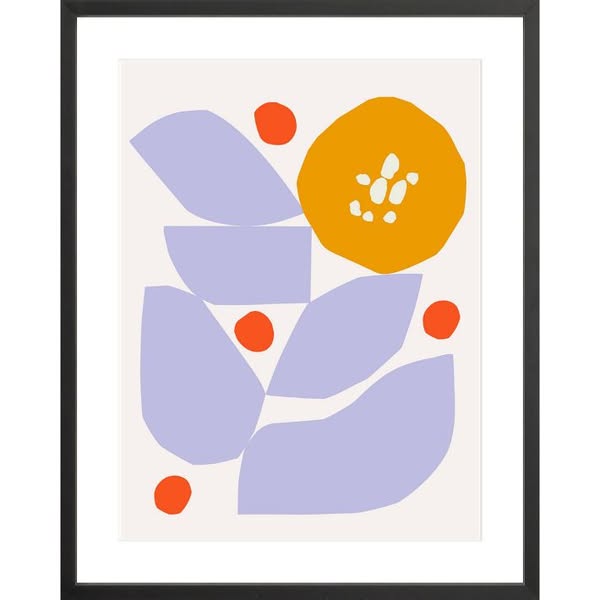This ad features a framed print of an abstract floral design. The design includes a yellow flower, purple leaves, and or