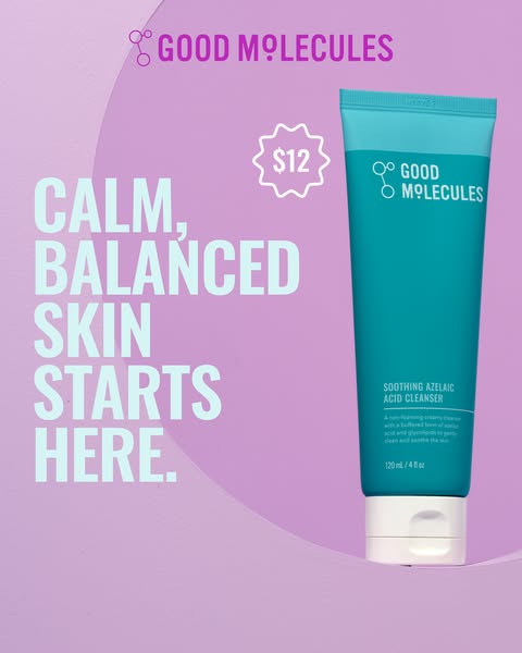 This ad for Good Molecules promotes their Soothing Azelaic Acid Cleanser. The ad features a simple design with a focus o