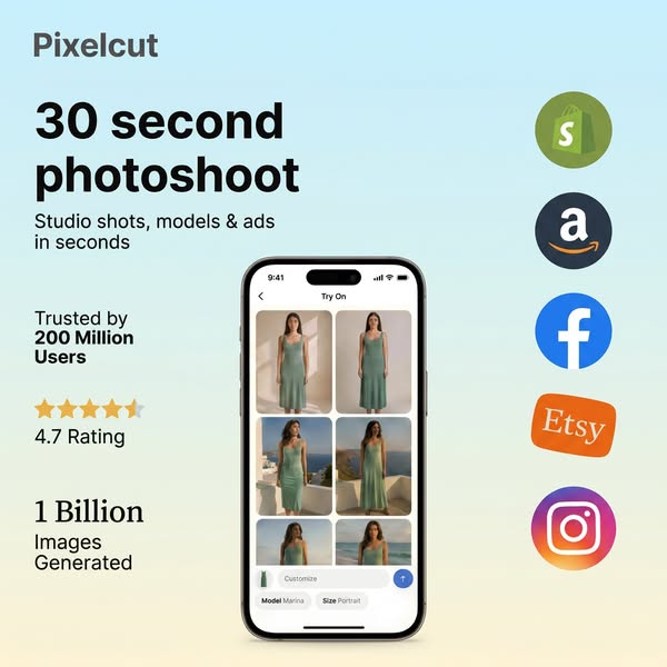 This ad promotes Pixelcut, highlighting how quickly it can generate studio-quality product photos for listings on platfo