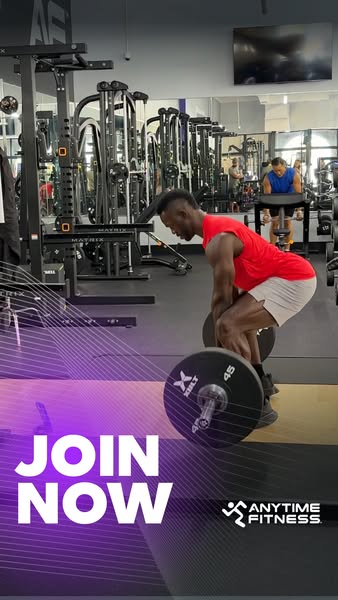 This ad for Anytime Fitness shows a man weightlifting and prompts the viewer to join now.