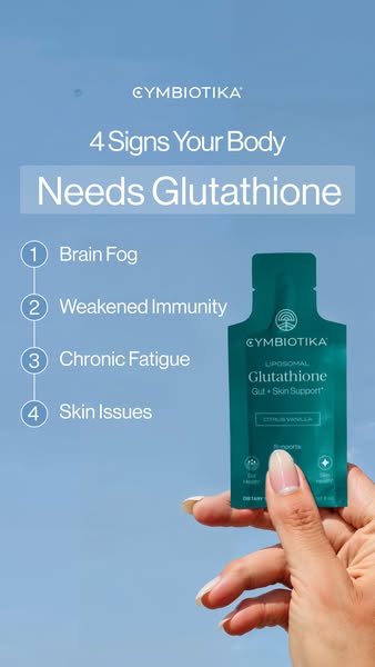 The ad is for Cymbiotika's Liposomal Glutathione product. It lists four signs that your body needs glutathione and t