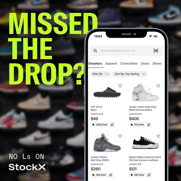 An ad for StockX featuring a screenshot from the StockX app and text overlay.