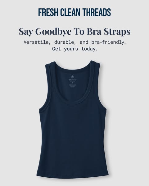 This image ad for Fresh Clean Threads features a navy blue tank top against a light gray background, highlighting its ve