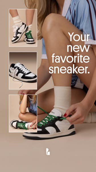 This ad showcases black and white sneakers with the headline, "Your new favorite sneaker." It uses a collage-l