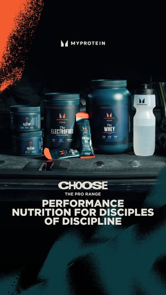 This ad showcases Myprotein's Pro range, emphasizing performance nutrition for disciplined individuals. It features 