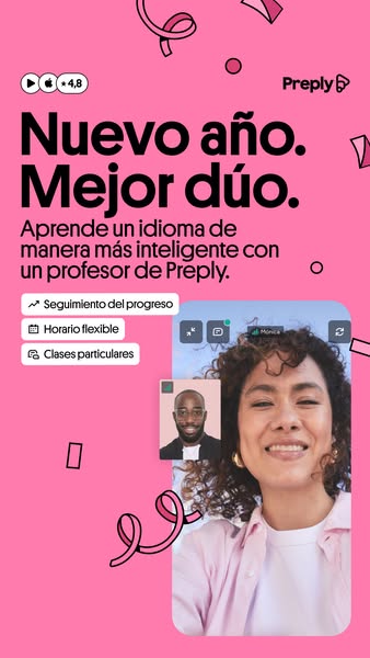 This ad promotes Preply, a service that connects students with language tutors. The ad highlights the benefits of learni