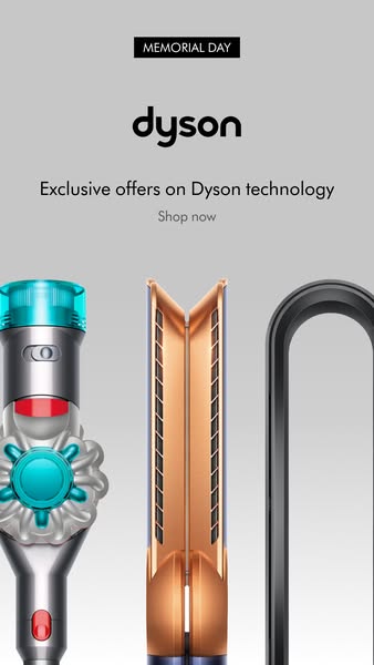 This ad showcases a Memorial Day promotion on a Dyson vacuum cleaner, hair straightener and hair dryer.