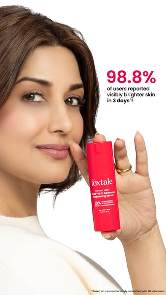 An image ad for Foxtale Eternal Light Multi-Vit C Advanced Brightening Serum. The ad shows an image of a fair-skinned wo
