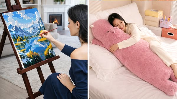 This ad uses a split-screen format to show two different use cases for relaxation and comfort. One half shows a woman pa