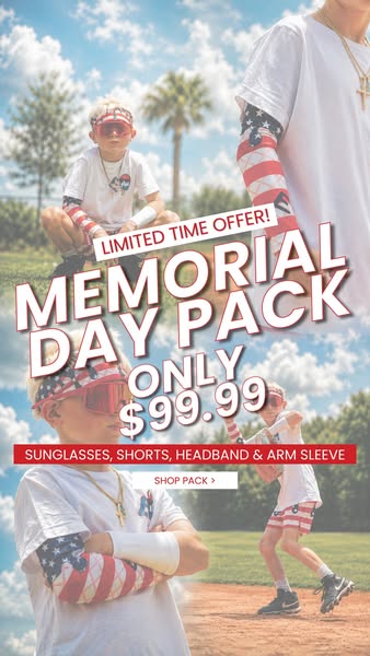 A promotional image for a Memorial Day pack containing shorts, sunglasses, a headband, and an arm sleeve. It's desig