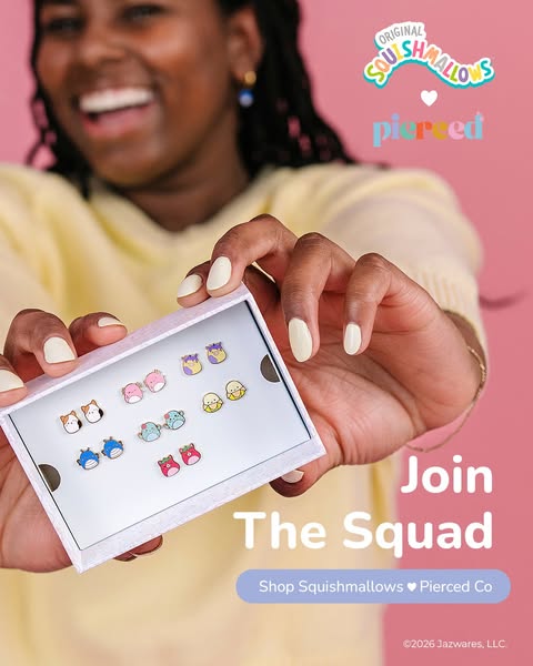 This ad features Squishmallows brand earrings in collaboration with Pierced Co. The ad encourages viewers to "Join 