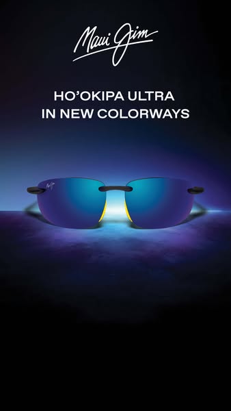 The ad showcases Maui Jim's HO'OKIPA ULTRA sunglasses, emphasizing their new colorways against a dark, gradient 