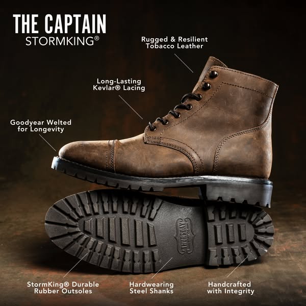 This image ad showcases the features and durability of Thursday Boot Company's Captain StormKing boots. The layout h