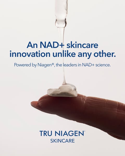 This ad for TRU NIAGEN skincare highlights its NAD+ innovation powered by Niagen. It features an image of the product be