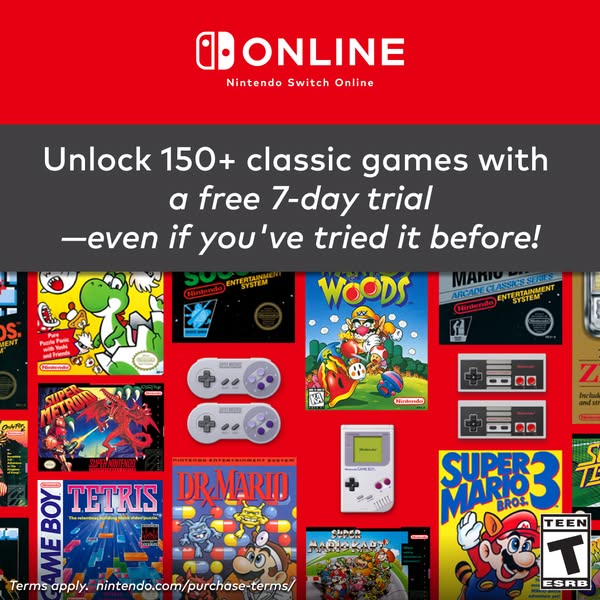 The ad promotes Nintendo Switch Online and offers a free 7-day trial, even if the user has tried it before. It highlight