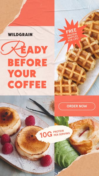 This split-screen image ad by Wildgrain features different food items in each quadrant while highlighting a feature.