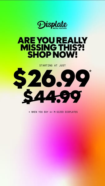 This ad is for Displate metal posters. It features a blurred gradient background with shades of green, pink, orange, and
